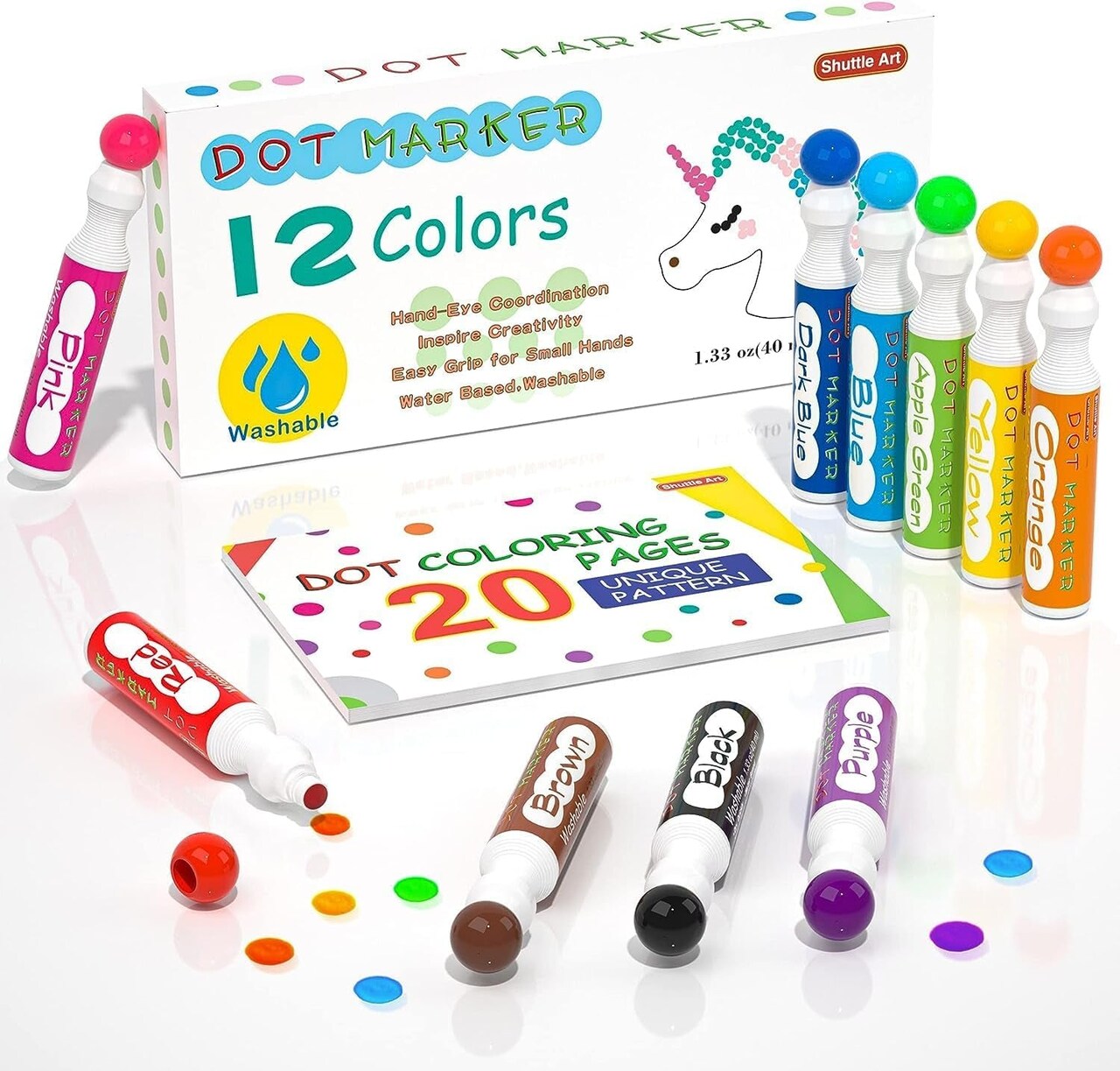 Dot Makers, 12 Colors Bingo Daubers with 20 Unique Patterns of Dot Book for  Toddler Art Activities, Non-Toxic Washable Coloring Markers for Preschool